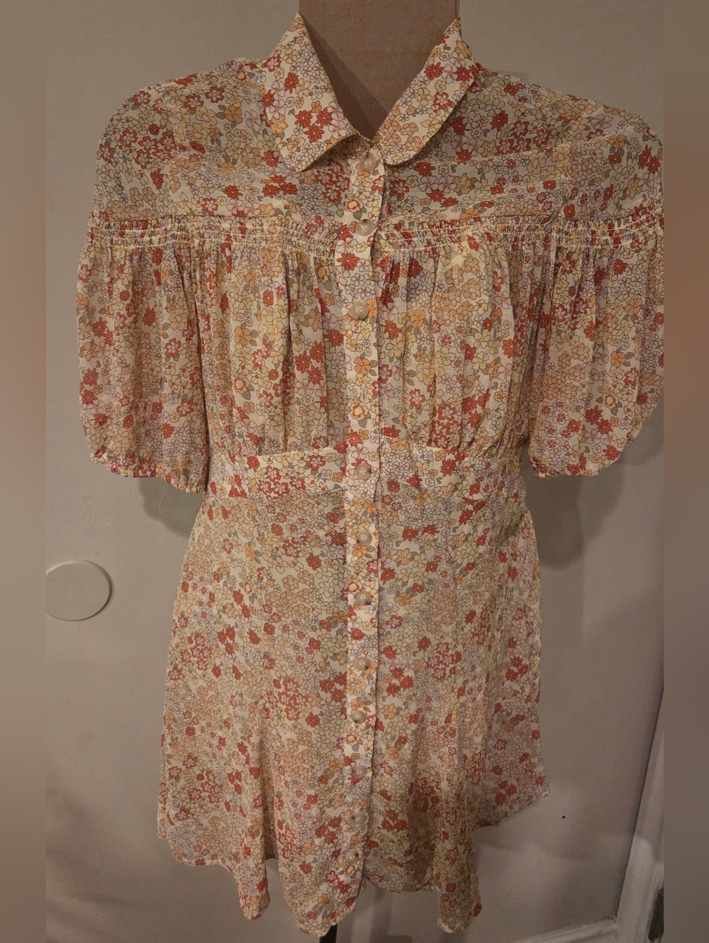 Free People Floral Mini Dress in Cream, Rust, and Mustard
